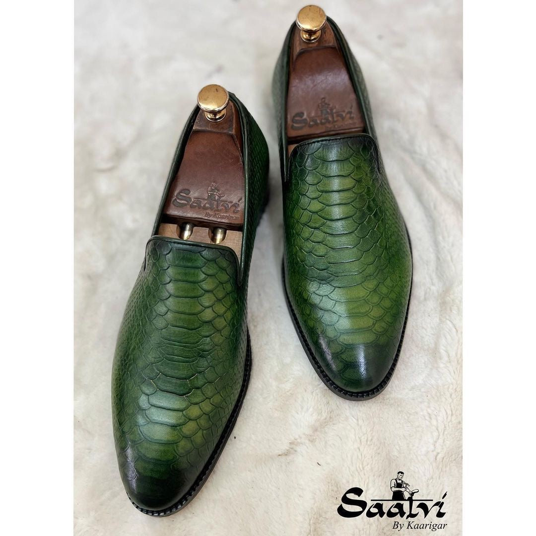 Python Embossed Loafers | Green