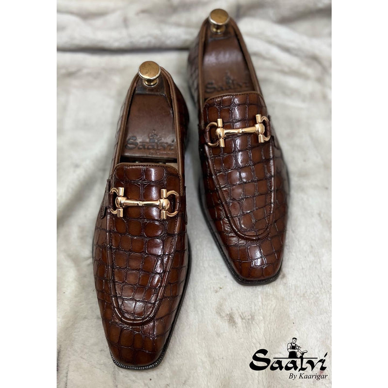Brown Croco Loafers With Buckle