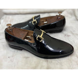 Black Patent Slipons With Fringes & Buckle