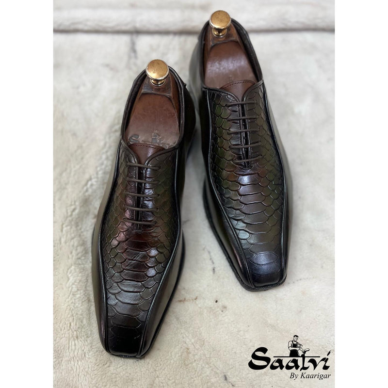 Python Embossed Oxfords Green Hand Patina