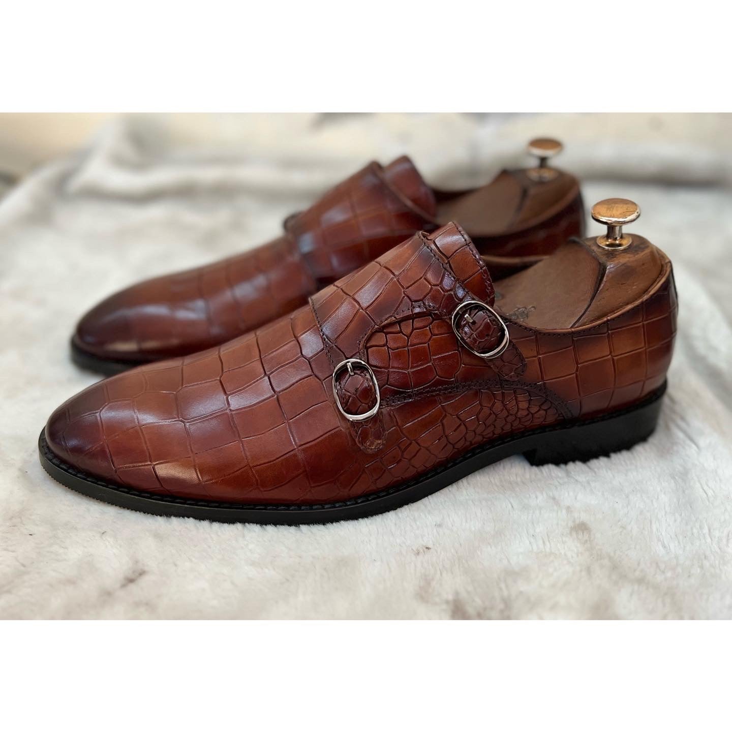 Double Monk Strap Croco Hand Finished