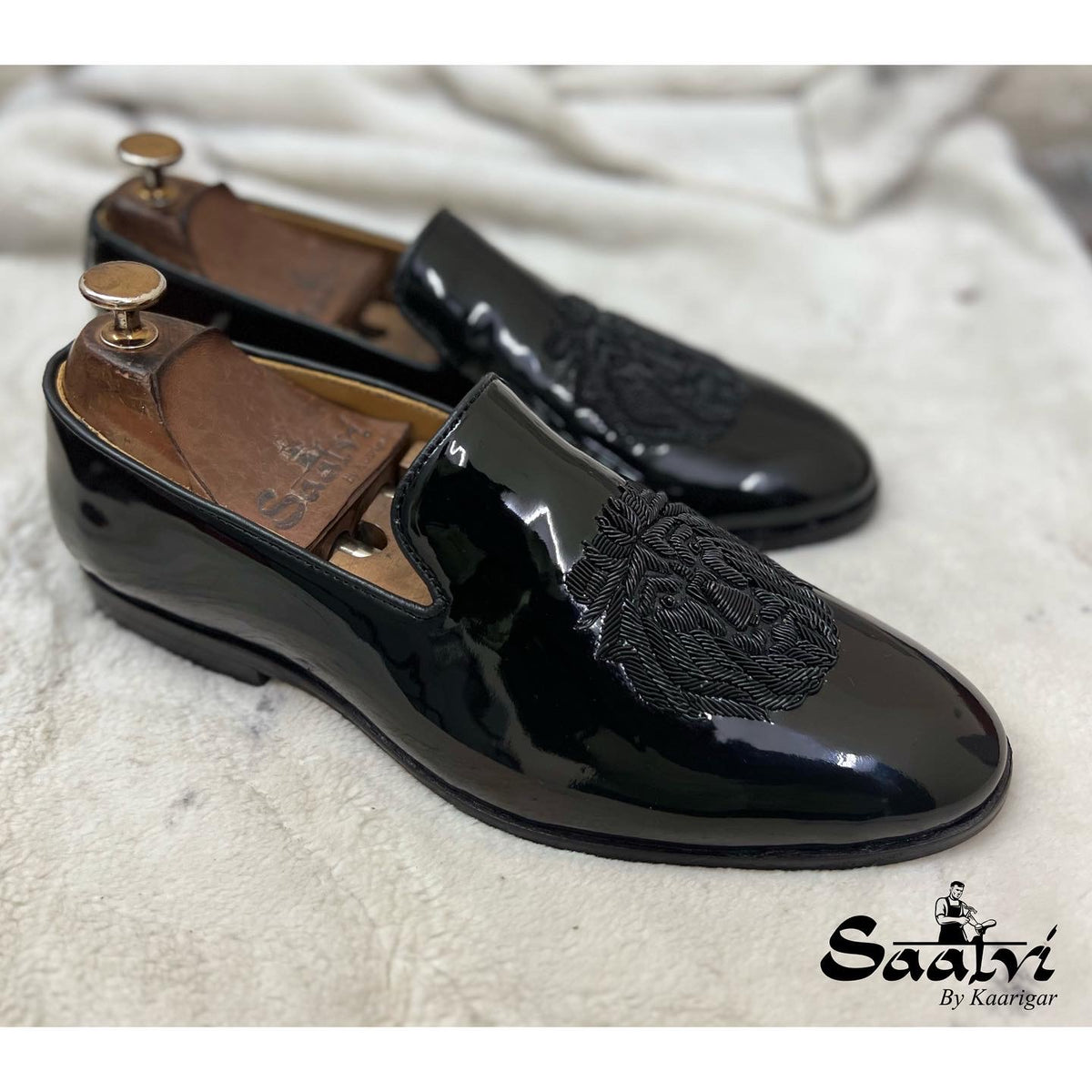 Black Patent Lion Black Zardosi Slipons