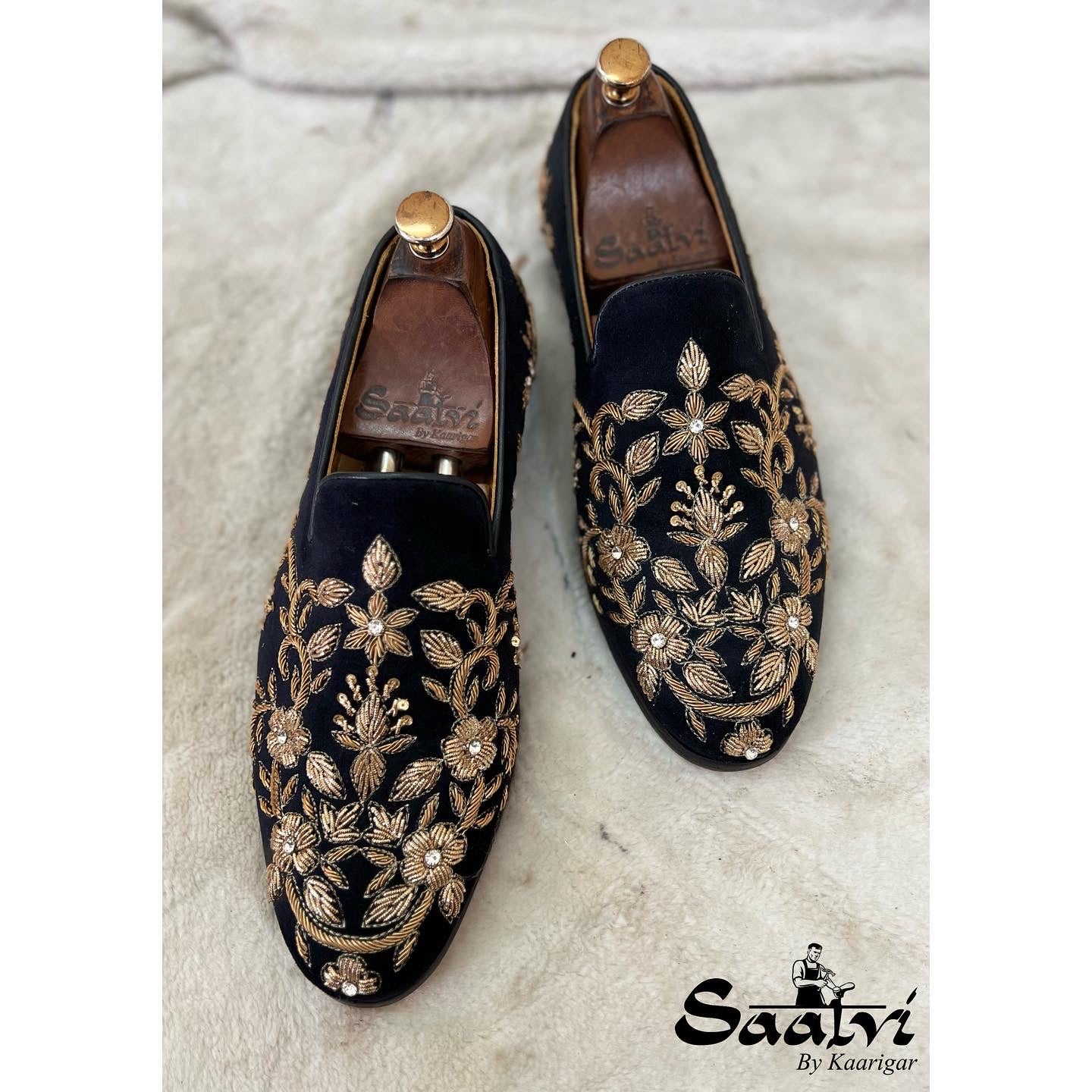 Black Velvet Flower Embroidery Slipons