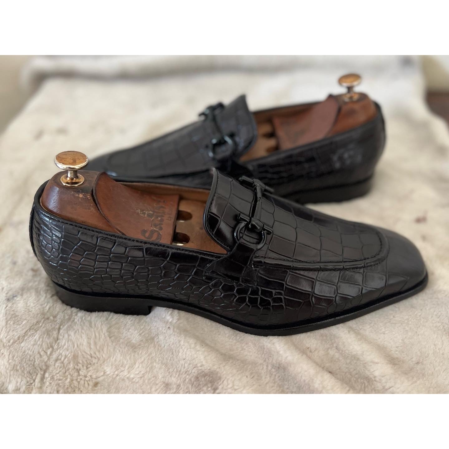 Black Crocodile Loafers With Black Metal Trim