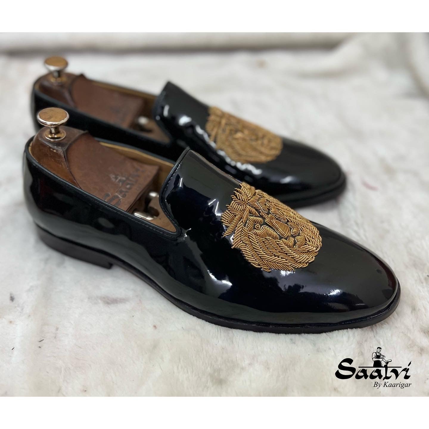 Black Patent Lion Zardosi Slipons